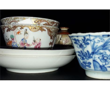 A collection of 18th century and later Chinese and other Oriental items, to include finely gilded famille rose two tea bowls 