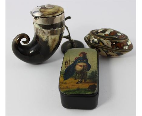 A collection of late 19th century snuff boxes, to include; a Scottish white metal mounted horn snuff mull, of typical curved 