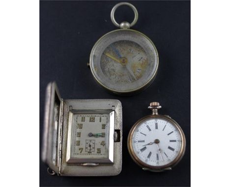 A continental silver ladies' fob watch, having white enamel dial with Roman and Arabic numeral hour markers, the engine turne