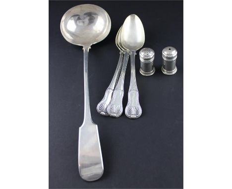 Three George III silver table spoons, by William Eley &amp; William Fearn, London 1817, kings pattern, (283.5g), together wit