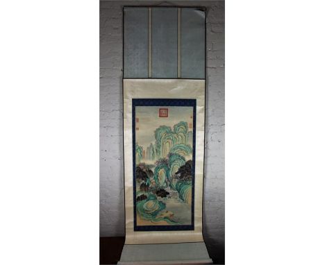 A Qing Dynasty Chinese scroll painting, depicting river mountain scene with trees, signed and seal marks, Image size 120cm x 