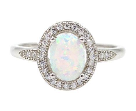 Silver opal and cubic zirconia ring, stamped 925