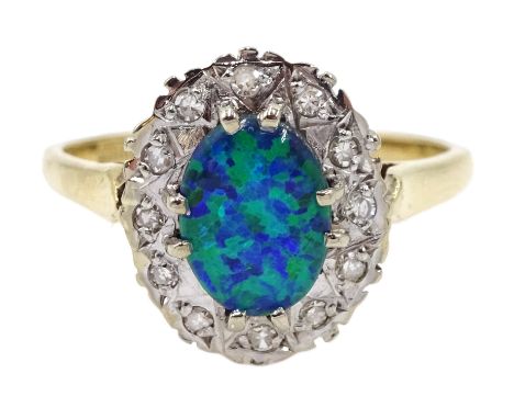 9ct gold opal and diamond cluster ring, hallmarked