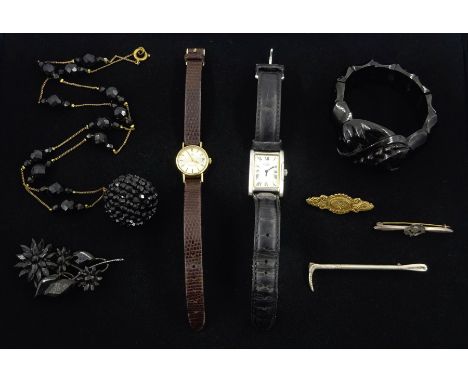 Omega Ladymatic 9ct gold manual wind wristwatch, London 1975, on leather strap, Victorian gold diamond brooch, stamped 9ct, V