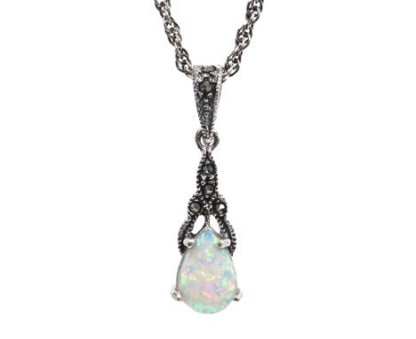 Silver opal and marcasite pendant necklace, stamped 925