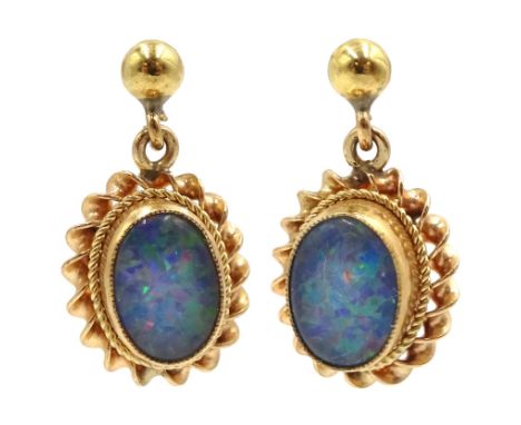 Pair of 9ct gold oval opal triplet pendant stud earrings, hallmarked