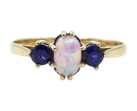 9ct gold three stone oval opal and sapphire, hallmarked