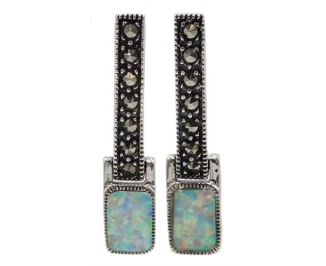 Pair of silver opal and marcasite pendant stud earrings, stamped 925