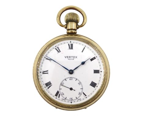 Vertex Revue gold-plated open face, key wound 15 jewels lever, railroad presentation pocket watch, white enamel dial with Rom