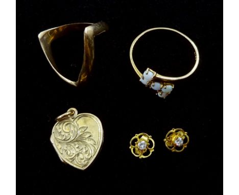 Pair of gold diamond stud earrings, gold five stone opal ring, gold ring and locket, all 9ct  stamped or hallmarked