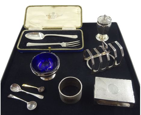 Silver toast rack by Harrison Brothers &amp; Howson, Sheffield 1935, silver christening fork and spoon by Thomas Bradbury &am