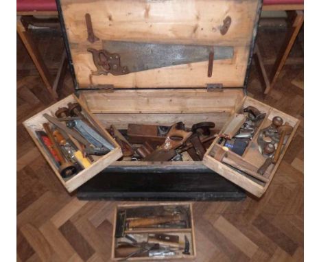 Pine trunk of cabinet makers tools. Condition report: see terms and conditions.