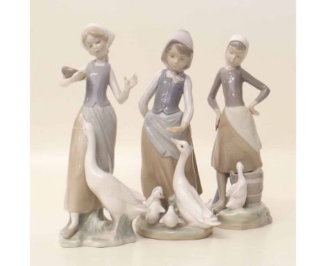 Three Lladro figures of girls with geese. Condition report: see terms and conditions.