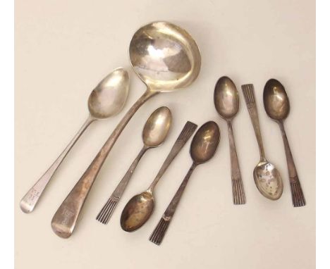 George III silver sauce ladle, London 1806 and seven other silver tea spoons. Condition report: see terms and conditions.