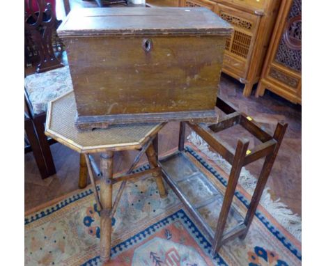 Oak stick stand, bamboo centre table and small pine chest lined with 19th century newspaper Condition report: see terms and c