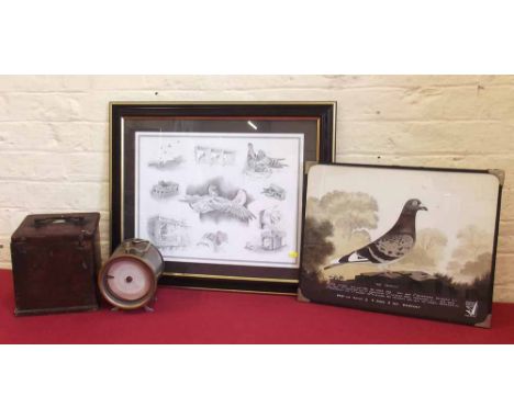 Abells timing clock for pigeons and two pigeon pictures Condition report: see terms and conditions.
