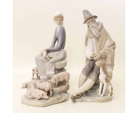 Lladro figure of girl with piglets and figure of old man with his dog. Condition report: see terms and conditions.