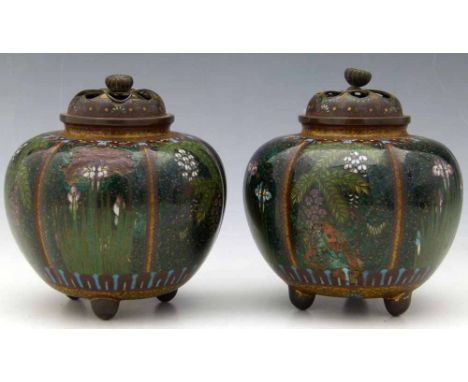 Pair of Japanese cloisonné melon shaped koros, diameter 10cm (both dented) with wooden stands.      Condition report: both li