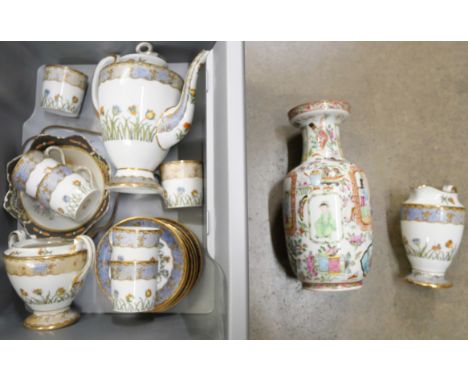 A Japanese coffee set, sugar basin lacking lid, a Chinese vase, a/f, cloisonne dish and one other **PLEASE NOTE THIS LOT IS N