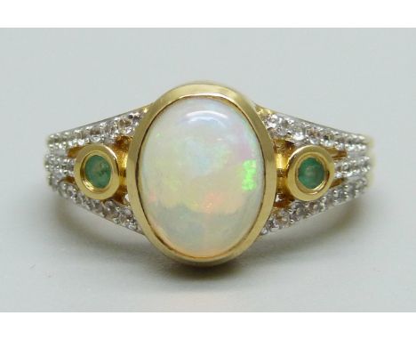 A silver gilt Welo opal, emerald and zircon ring, M 