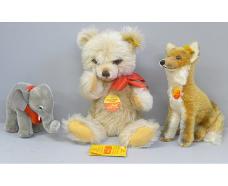 Three Steiff animals; Petsy Soft, Fuchs and a small elephant 