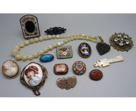 A mico-mosaic picture frame, a gold stone brooch, mother of pearl necklace and vintage jewellery 