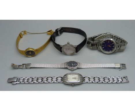 Five lady's wristwatches, Rotary with mother of pearl dial, two other plated Rotarys, Citizen Eco-Drive WR50 and one other Ci