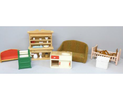 A box of vintage dolls house furniture, 1950s/60s 