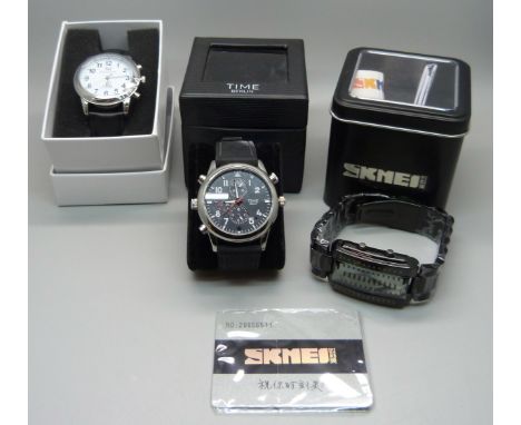 A Skmei electronic digital wristwatch, a Tavistock &amp; Jones talking alarm watch and a Time Berlin camera watch 