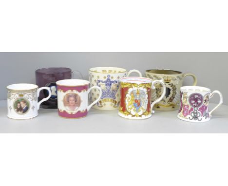 A collection of Royal commemorative mugs including a Wedgwood HRH Prince Philip Duke of Edinburgh glass mug, a/f, chip to rim