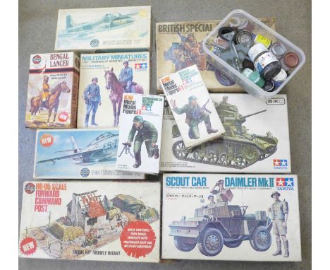 Ten vintage Airfix and Tamiya military model kits, BAC Strikemaster, F-84 Thunderstreak, British Special Air Service Jeep, Fo