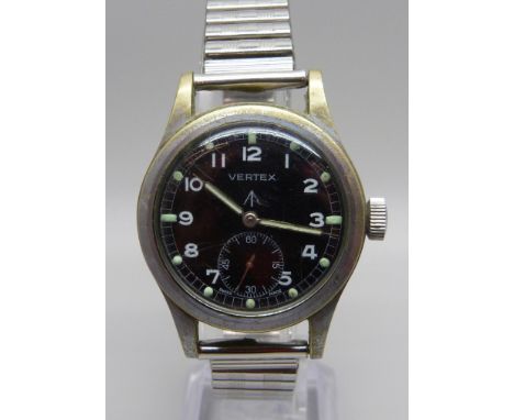A Vertex 'Dirty Dozen' military issue wristwatch, black dial with broad arrow, case back stamped WWW A13743 3526659, 35mm cas