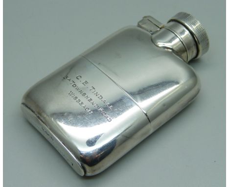 A small silver spirit flask, engraved 'C.E. Tindall, 3A Townsend Road, Wisbech', London 1922, 92g, height 8cm 