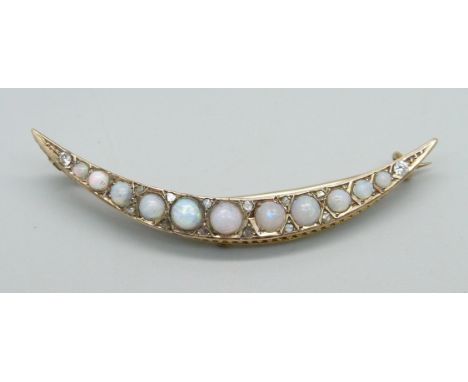 A 9ct gold, opal and diamond crescent brooch, Chester 1903, 3g, 5cm 