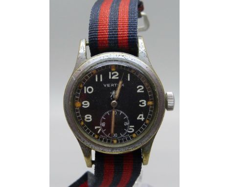 A Vertex 'Dirty Dozen' military issue wristwatch, black dial with broad arrow, case back stamped WWW A7655 3520571 A.T.P., la