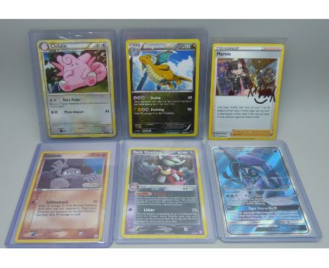 Six holographic Pokemon cards including vintage with promos, including 2004 dark slow king, etc. 