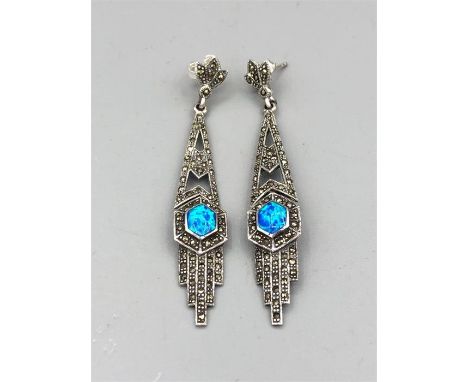 A pair of silver marcasite and blue opal Art Deco style drop earrings