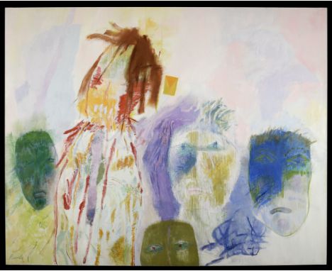 JÚLIO RESENDE - 1917-2011, "Máscaras em diálogo", oil on canvas, signed, signed and dated 1999 on the back. Notes: Private Co