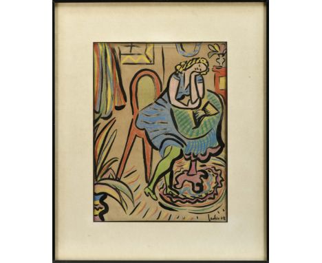 JÚLIO MARIA DOS REIS PEREIRA - 1902-1983, Female figure at the table, mixed media on paper, signed and dated 1948, Dim. - 44 