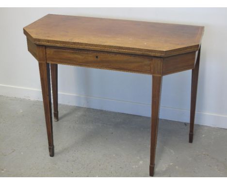 18th CENTURY MAHOGANY STRAIGHT FRONTED FOLD OVER CARD TABLE, overall with satinwood strung inlays and edging, the top with ca