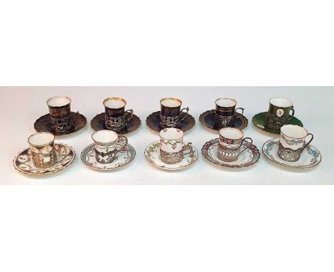 A collection of ten late 19th/early 20th century Aynsley and Coalport coffee cans and saucers, the cans having pierced silver