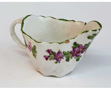 A circa 1780 Lowestoft porcelain 'Chelsea ewer' sauce boat, enamel decorated by 'The Tulip Painter', h.5cm