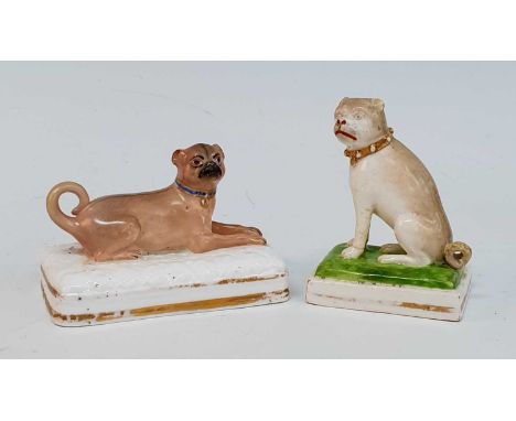 A circa 1830 Derby porcelain pug dog, modelled by Edward Keys, shown in seated pose, red enamel mark to the underside, h.8cm,