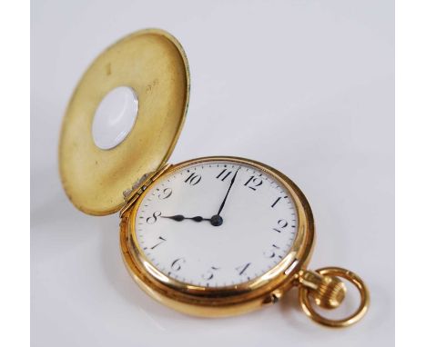 An early 20th century 18ct gold cased lady's half hunter pocket watch, having enamelled outer cover, unsigned white enamel Ar