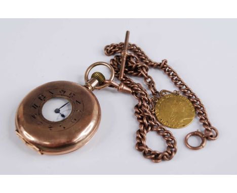 A gent's 9ct gold cased half hunter pocket watch, having an unsigned white enamel dial with subsidiary seconds dial, keyless 