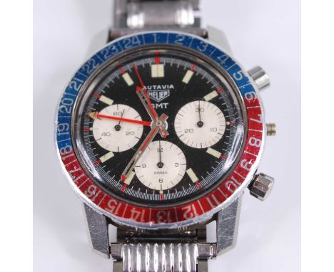 A gent's Heuer Autavia GMT stainless steel chronograph wristwatch, having red and blue Pepsi bezel, signed black dial with tr