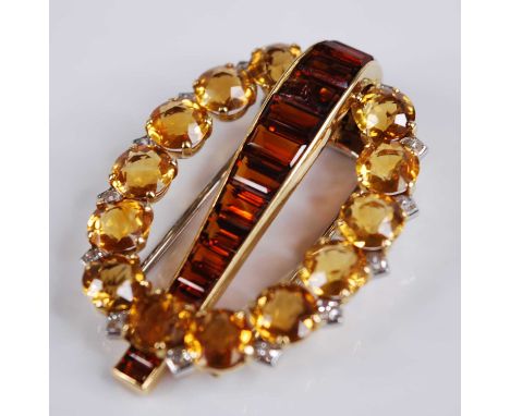 A yellow metal signed Cartier London citrine, topaz and diamond clip brooch, comprising a central tapered bar channel set wit