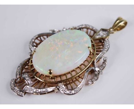 A yellow and white metal, opal and diamond openwork pendant, featuring a centre oval opal cabochon within a border of 68 roun