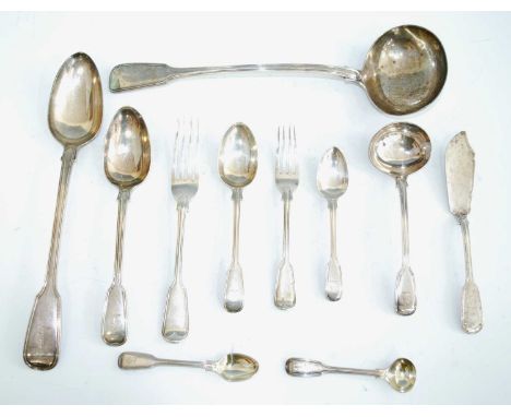 An extensive 19th century silver cutlery suite, in the Fiddle &amp; Thread pattern with tree emblem to the terminals for the 