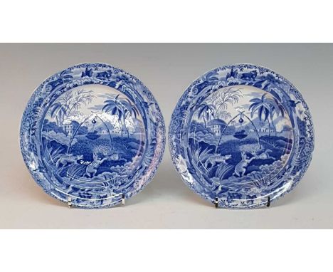 A pair of circa 1810 Spode Indian Sporting series blue and white transfer decorated side plates, impressed marks and inscribe